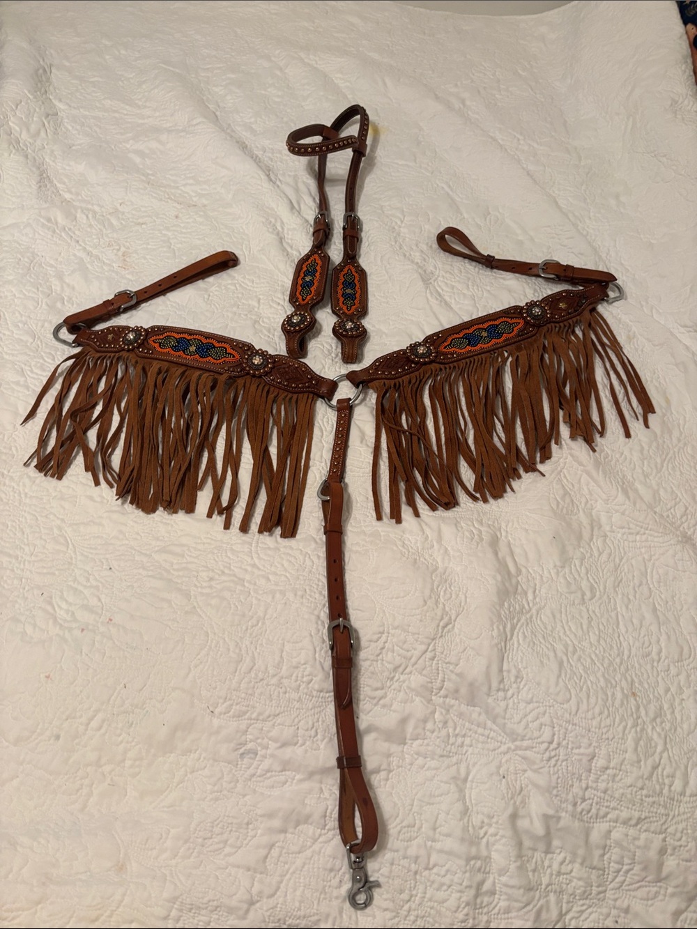 Fringed Brown Leather Western Breast Collar and Headstall Set